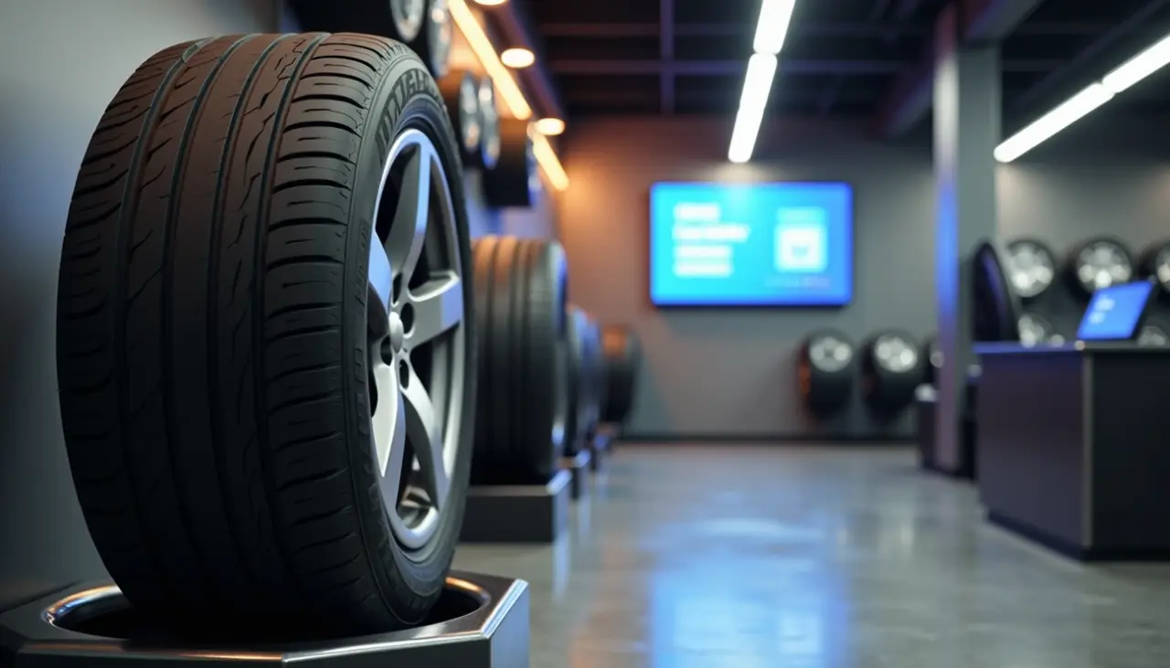 Close-up of a new car tire on display in a modern showroom with other tires and a digital screen in the background.